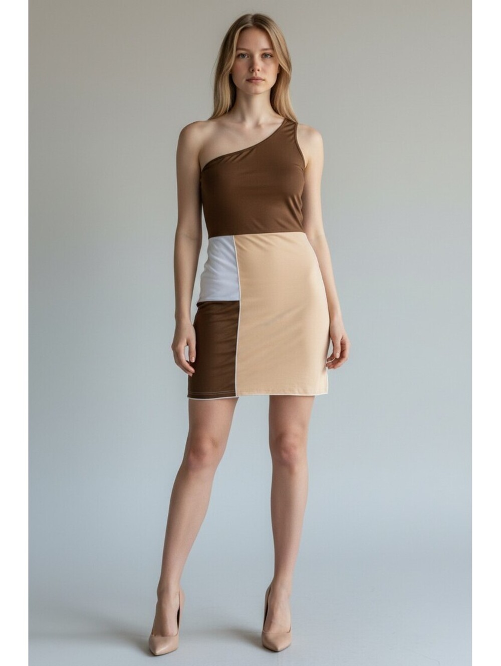 Shein One-Shoulder Colorblock Patchwork Bodycon Mini Dress Size L (40/42)